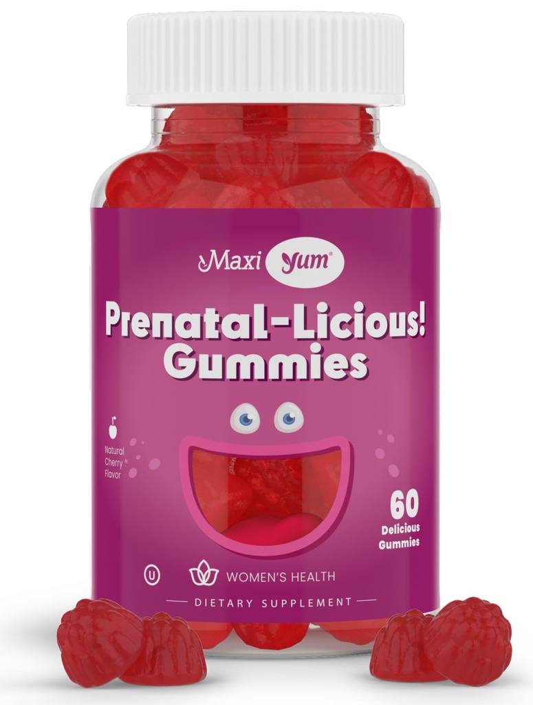 Maxi Health Women's Organic Prenatale Gummies - Kosher Cherry Flavored Pre Natal Gummy - Prenatale vitamines voor vrouwen met foliumzuur en ijzer voor foetale ontwikkeling, 60 Tellen