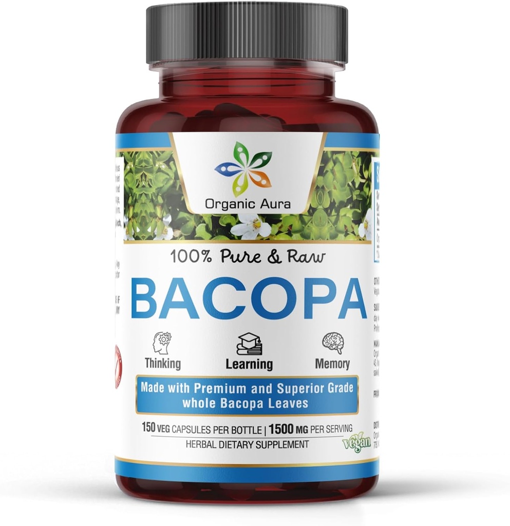Biologische Aura BACOPA Capsules.150 Veg HPMC Capsules 1500mg per Serving. Kruidensupplement, geestelijke alertheid, ondersteunt kalmte, geheugen, cognitie.