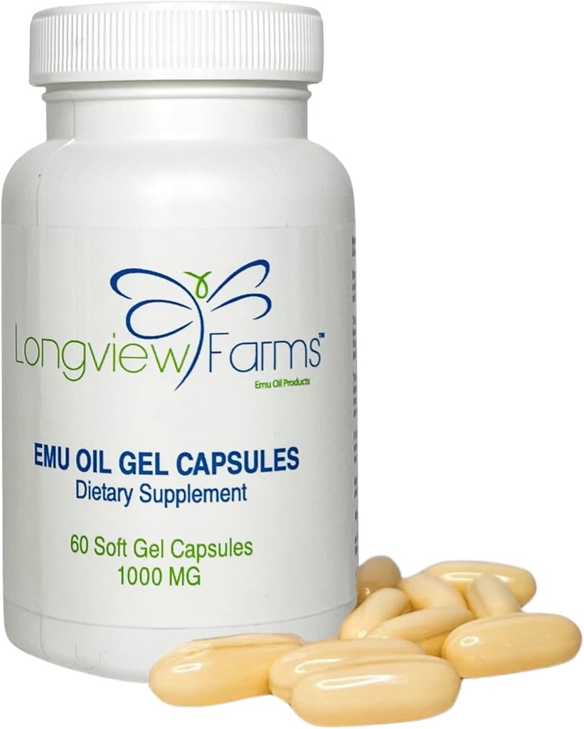 Longview Farms® Emu Oil Gel Capsules de l'huile 100% pure Emu pour la santé de la peau, la mobilité et le bien-être général.