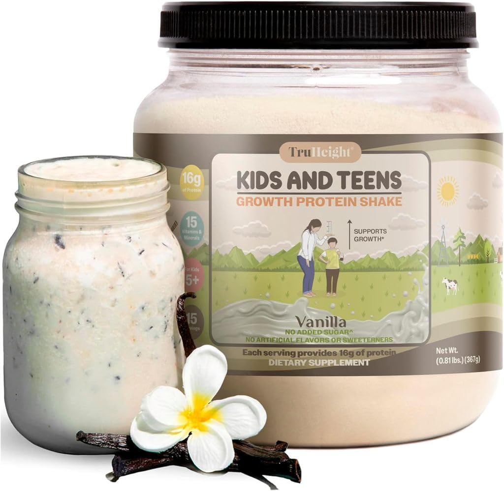 TruHeight Growth Protein Shake (Vanilla Ice Cream Smaak, Wei) Groei en ontwikkeling Proteïnepoeder voor kinderen & tieners - Gewicht Gain Dranken - Ensigned by Pediatrics, Picky Eater Vitamine, Leeftijd 4+