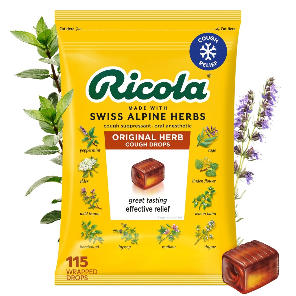 Ricola Original Herb Cough Drops, 115 Count, Cough Suppressant & Throat Relieving Drops with Naturally Sourced Menthol, Pleasing Herbal Taste for Coughs & Throat Irritation Symptoom Relief