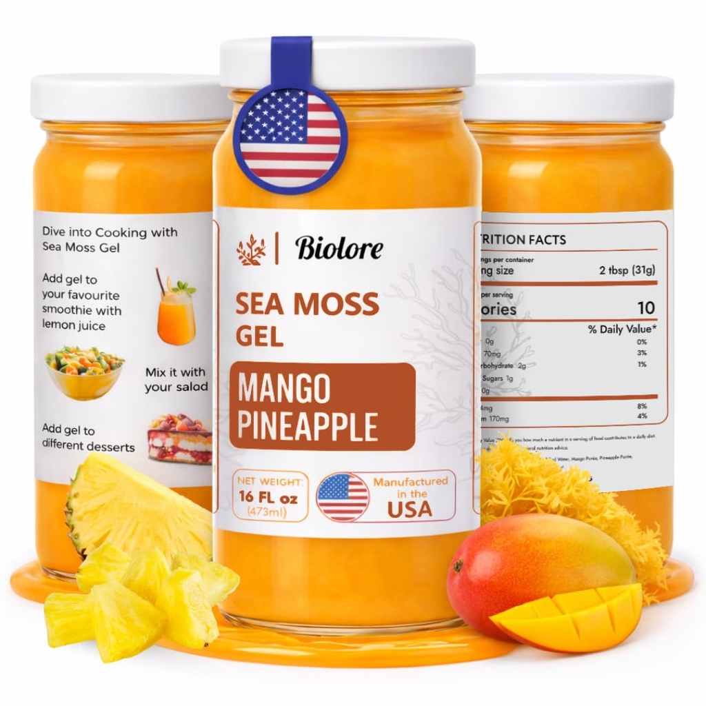 Biolore Sea Moss Gel Superfood – Mango Pineapple, 16 oz | 2-Week Supply | Wildcrafted Sea Moss Jelly with Minerals & Electrolytes, Vegan, Made in USA