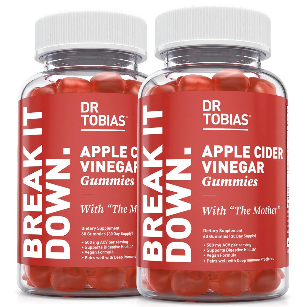 Dr. Tobias Apple Cider Vinegar Gummies with The Mother, 500mg ACV per Serving, Plus Folate, B6, B12 & Iodine, Ondersteunt Decompensative Health, Gut Cleanse & Detox, Veganist, 120 Gummies