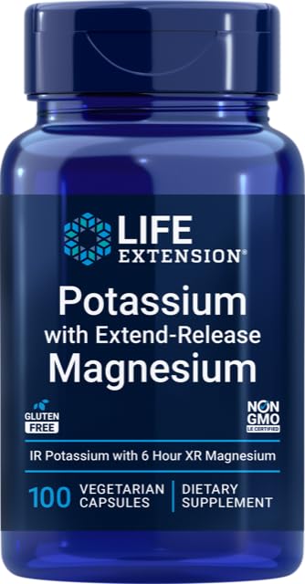 Levensverlengstuk 99mg Kalium met Extend-Release Magnesium 250mg, 100 Veg Caps - Glutenvrij 