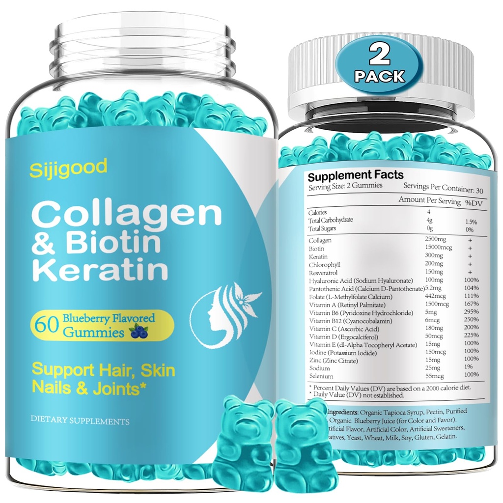 2 Pack Biotin Gummies met Collageen, Keratine, Hyaluronzuur, Vitamine voor de huid, haargroei, Nails, Vrouwen Mannen Volwassenen Kinderen - Blueberry Flavored, 120 Gummies