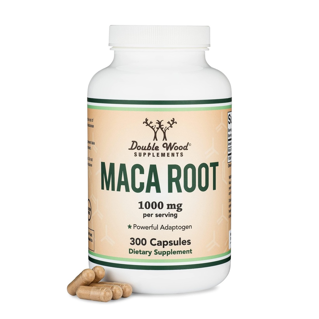 Maca Root Capsules for Women and Men, 300 Tellen (1.000 mg Zwart, Rood, Geel Maca Poeder per Serving) Gegroeid in Peru (voor energie, prestaties, motivatie) door Double Wood