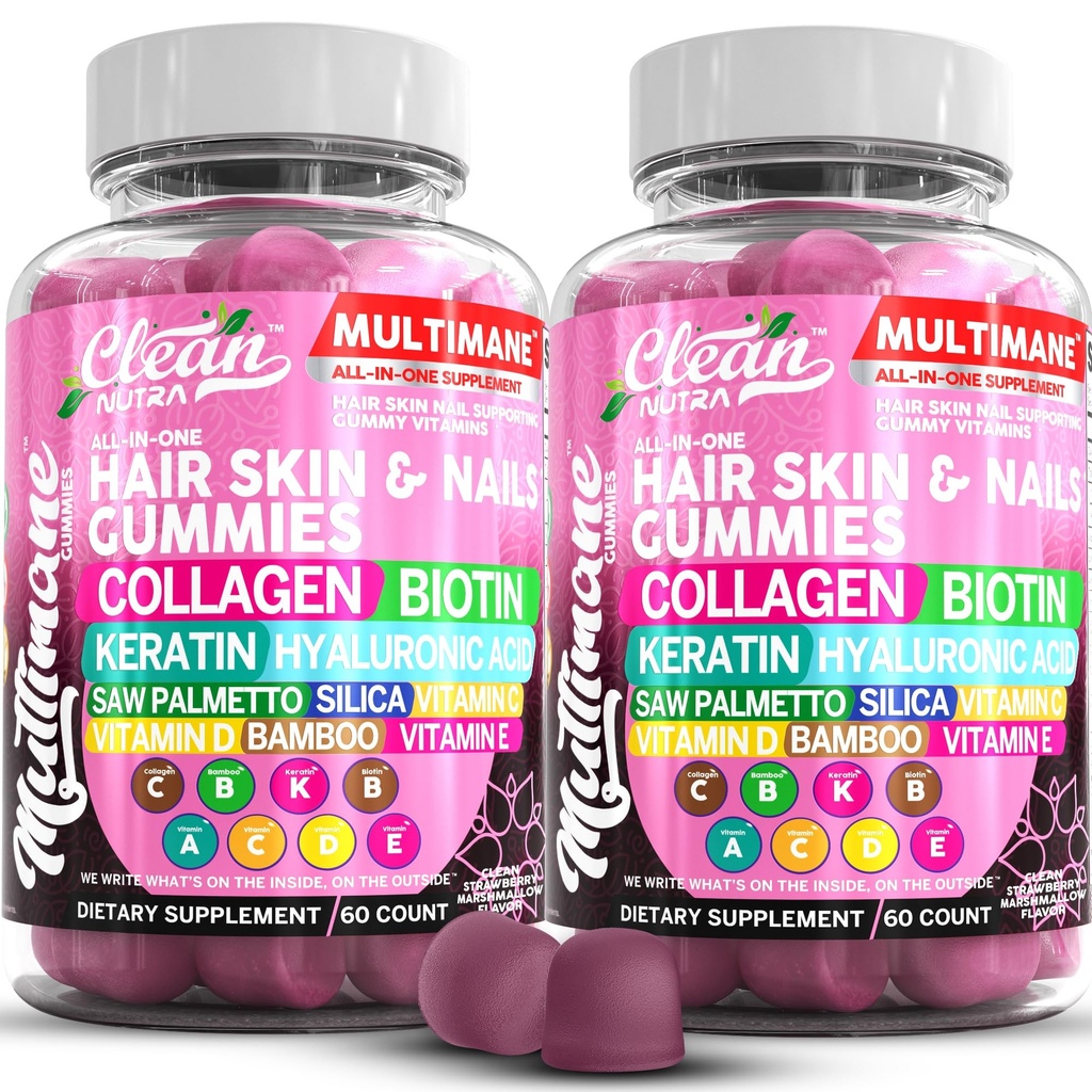 Gommies de collagène multimane avec biotine Keratin Acide hyaluronique Bamboo Vitamine A C Vitamine D Vitamine E Flate Saw Palmetto Silica B3 Vitamines Peau et ongles Gommies par Nutra propre