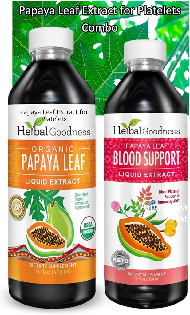 Groupe d'extraits de feuilles de papaye - Combo de soutien digestif et sanguin, 2 unités, 12 oz et 16 oz Non OGM - Bonté à base de plantes