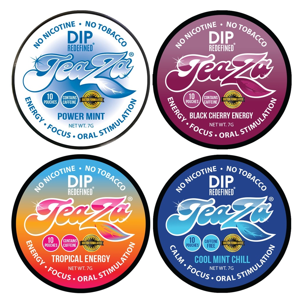 NIEUW Teaza Herbal Energy Pouch Mixed (4 pack) Peppermint-Tropical-Cool Mint Chill-Banging Black Cherry