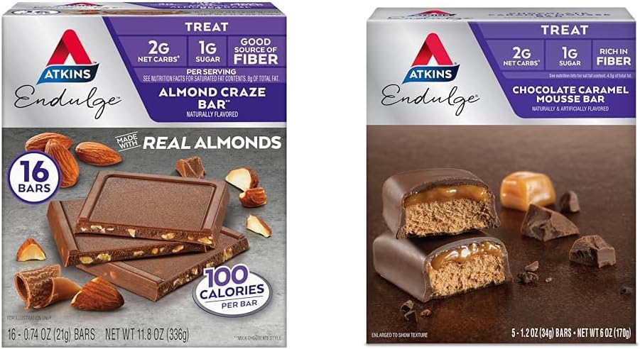 Atkins Endulge Almond Craze Bar 16 Count & Chocolate Caramel Mousse Bar 5 Count, Keto Friendly, Lage Suiker