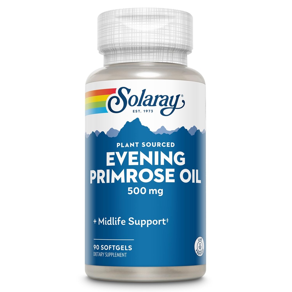 SOLARAY Huile de Primrose à haute puissance 500mg - Soutien à mi-vie - Source de l'acide linolénique Gamma et de l'acide linoléique - Pas de solvants, pressés à froid - 90 portions, 90 softgels