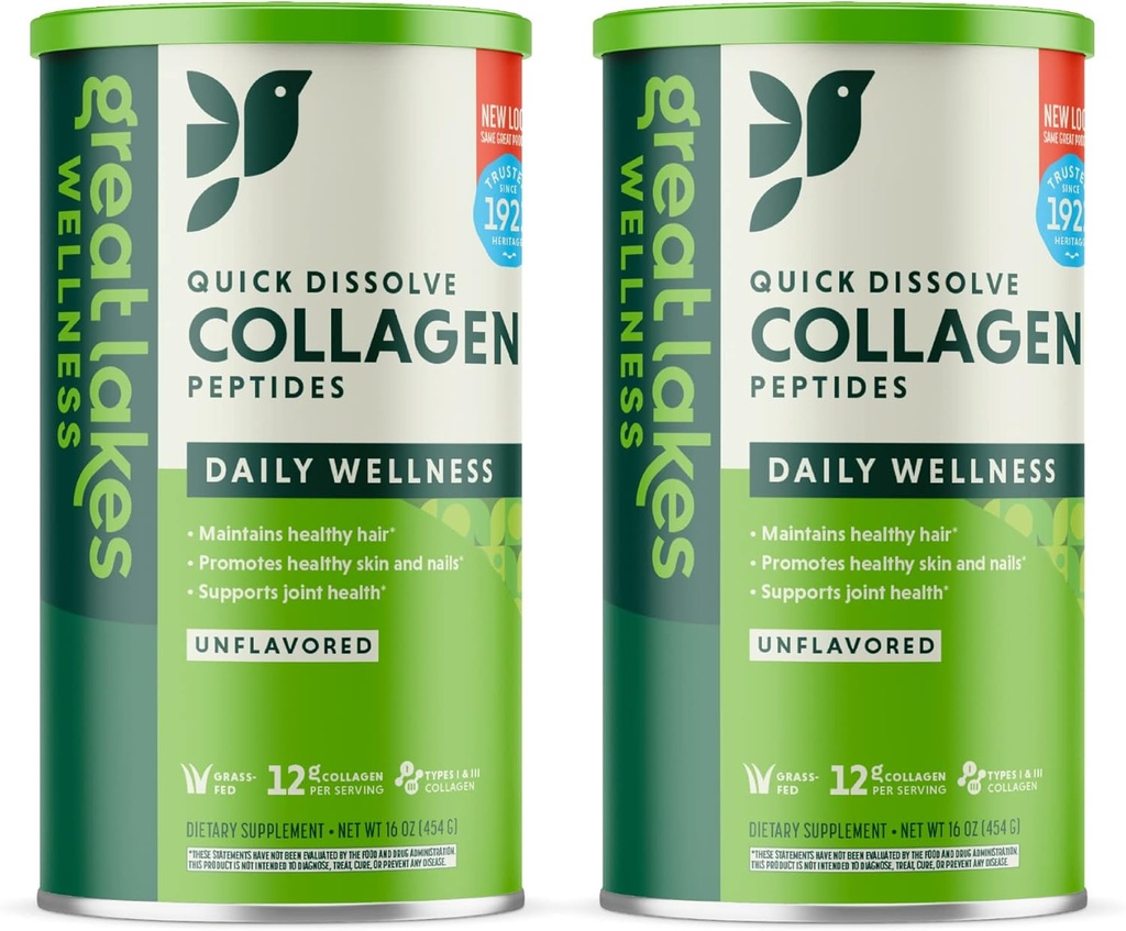 Great Lakes Wellness Collagen Peptides Powder for Skin, Hair, Nails, Joints & Digestie - Unflavored - Quick Solution Hydrolyzed, Non-GMO, Keto, Kosher - 16 oz - 2 Pack - Packaging May Vary