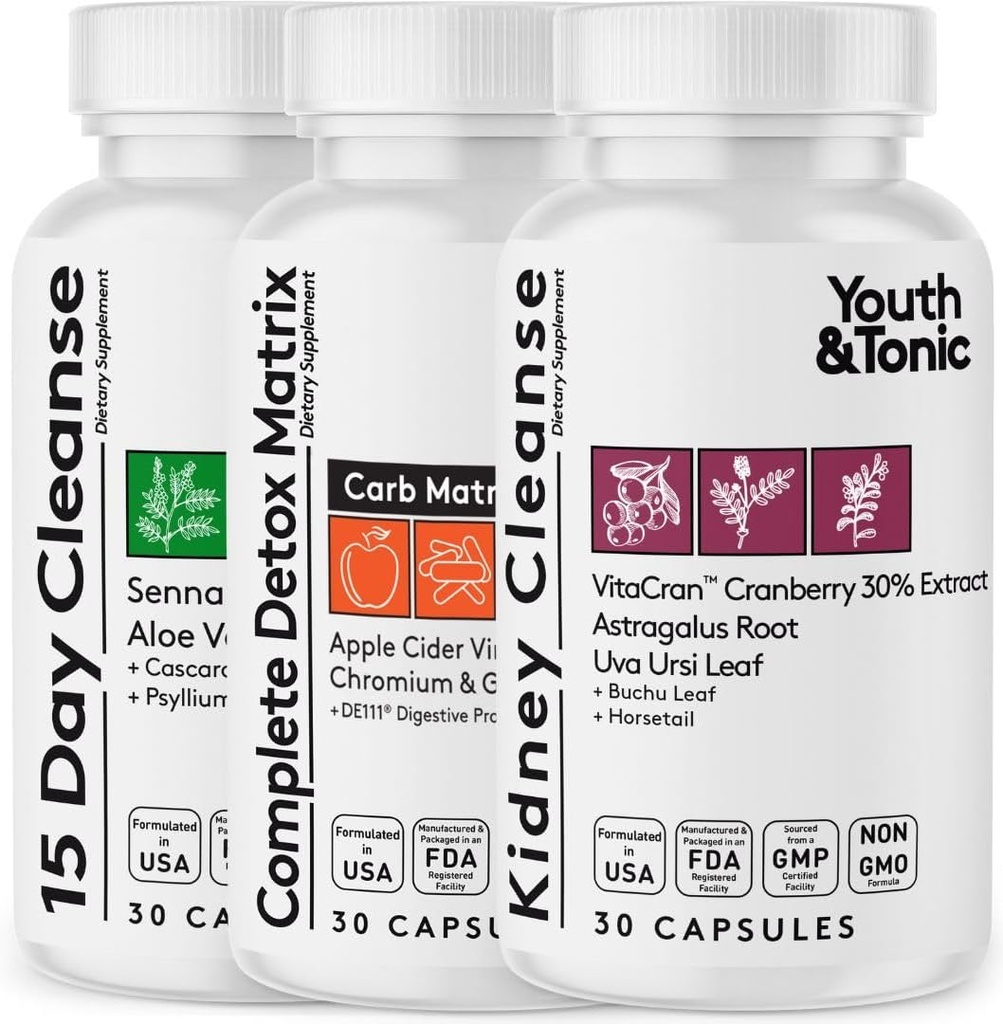 Nettoyez le corps entier 3pk Bundle.com 15 jours Colon Cleanser et système d'alcalinisation avec une matrice de détox complète et de nettoyage du rein pour la santé de l'urine