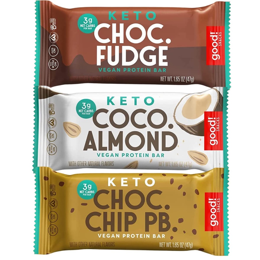 Goed! Snacks Keto Variety Pack Proteïne Bar, Vegan, Soja & Glutenvrij, Low Sugar Meal Replacement, 10g hoog eiwit, natuurlijke gezonde snack, voor atleten en actieve levensstijlen, 3g Net Carbs,12 Bars