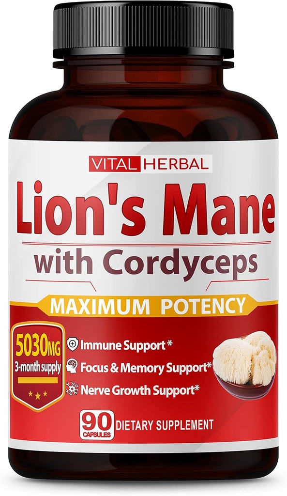 VITAL HERBAL Lions Mane Mushroom met Cordyceps Capsules equivalent aan 5030mg - Maximale Potentie L-Theanine Ashwagandha Hersensupplement voor Focus Geheugen Energie Mood Support 90 Days Supply