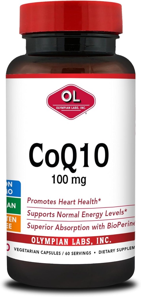 Olympian Labs CoQ10 100mg Geformuleerd met Bioperine voor Grotere Absorptie, Ondersteuning Hart Gezondheid 60 Capsules