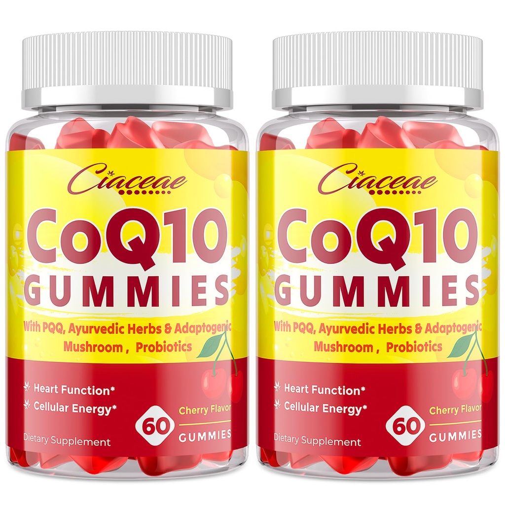 CoQ10 Gummies met PQQ - 400 MG Coenzyme Q10 High Potency, Enhanced with Ayurvedic Herbs, Adaptogenic Mushroom Blend & Probiotics for Heart, Brain, Energy, Immunity, Cherry Flavor, 120 Vegan Gummies
