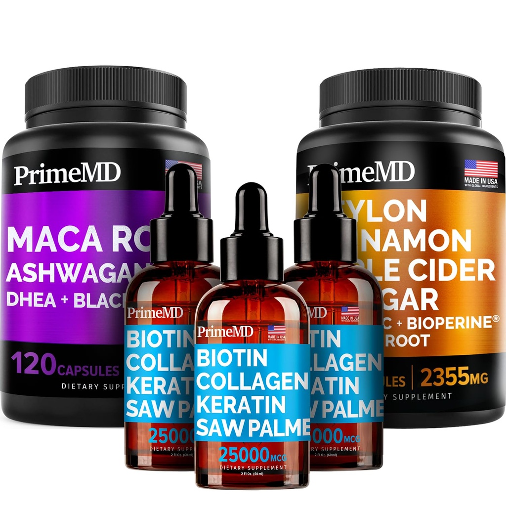 5-en-1 Ceylan Cinnamon (120ct), 4-en-1 Biotine Collagen Keratin Saw Palmetto (2 fl oz - 3 Pack) et 6-en-1 Maca Root Ashwagandha (120ct) Bundle - Énergie, humeur, cheveux, peau et crème de soutien