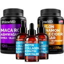 5-in-1 Ceylon Cinnamon (120ct), 4-in-1 Biotin Collageen Keratine Saw Palmetto (2 fl oz - 3 Pack) & 6-in-1 Maca Root Ashwagandha (120ct) Bundle - Energy, Mood, Hair, Skin & Immune Support Supplement