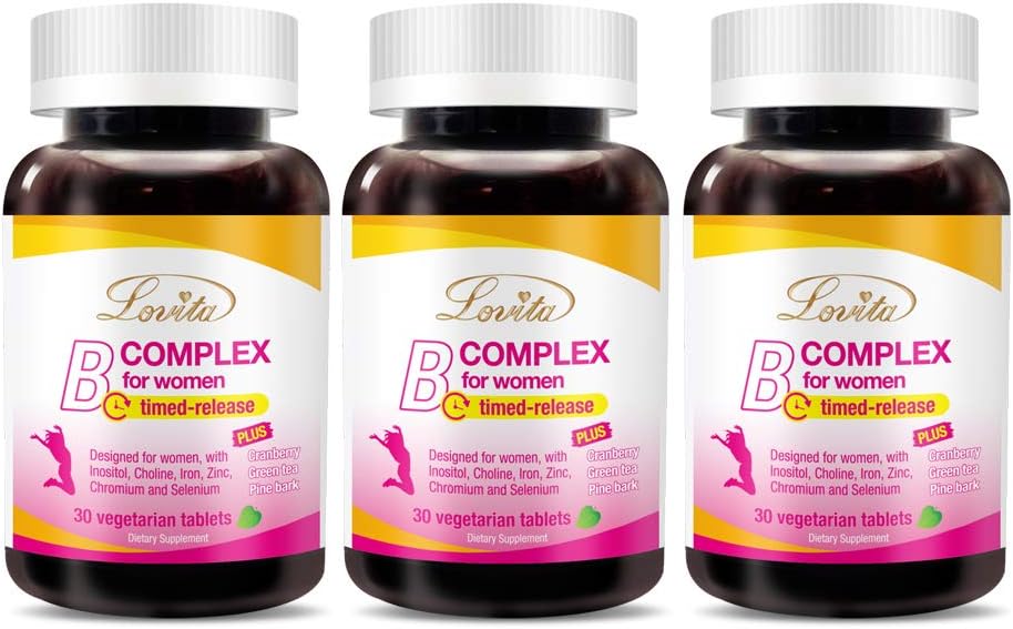 Lovita High Potent Vitamin B Complex for Women, Timed Release, Alle B vitamines met ijzer, vitamine C, Cranberry, Pine Bark, Groene thee voor energie, 30 Vegetarische tabletten (pakket van 3)