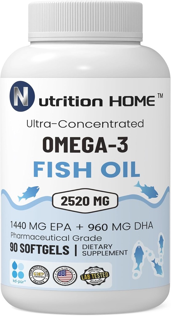 Triple force Omega 3 Huile de poisson 3000 mg EPA & DHA, 2520mg d'acides gras Omega 3 1440mg EPA + 960mg DHA Meilleurs acides gras essentiels Suppléments de softgel sans Burpless Premium (90)