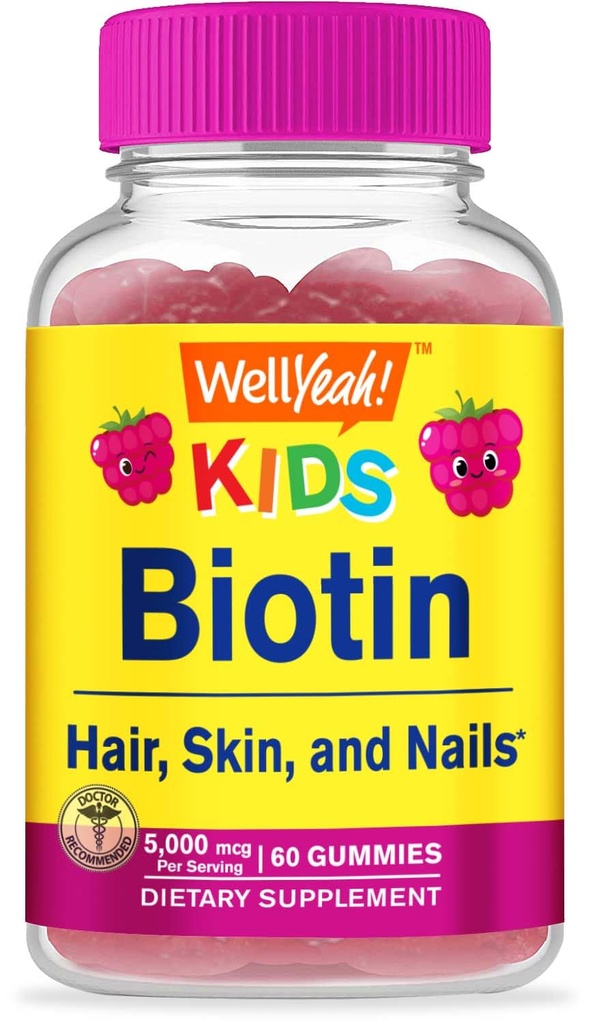 WellYeah Biotin Gummies for Kids 5000 mcg - Ondersteunt haargroei, huidgezondheid en nagels - natuurlijke oorsprong smaken - GGO vrij, glutenvrij - Gummy voor jongens en meisjes - 60 Tel.