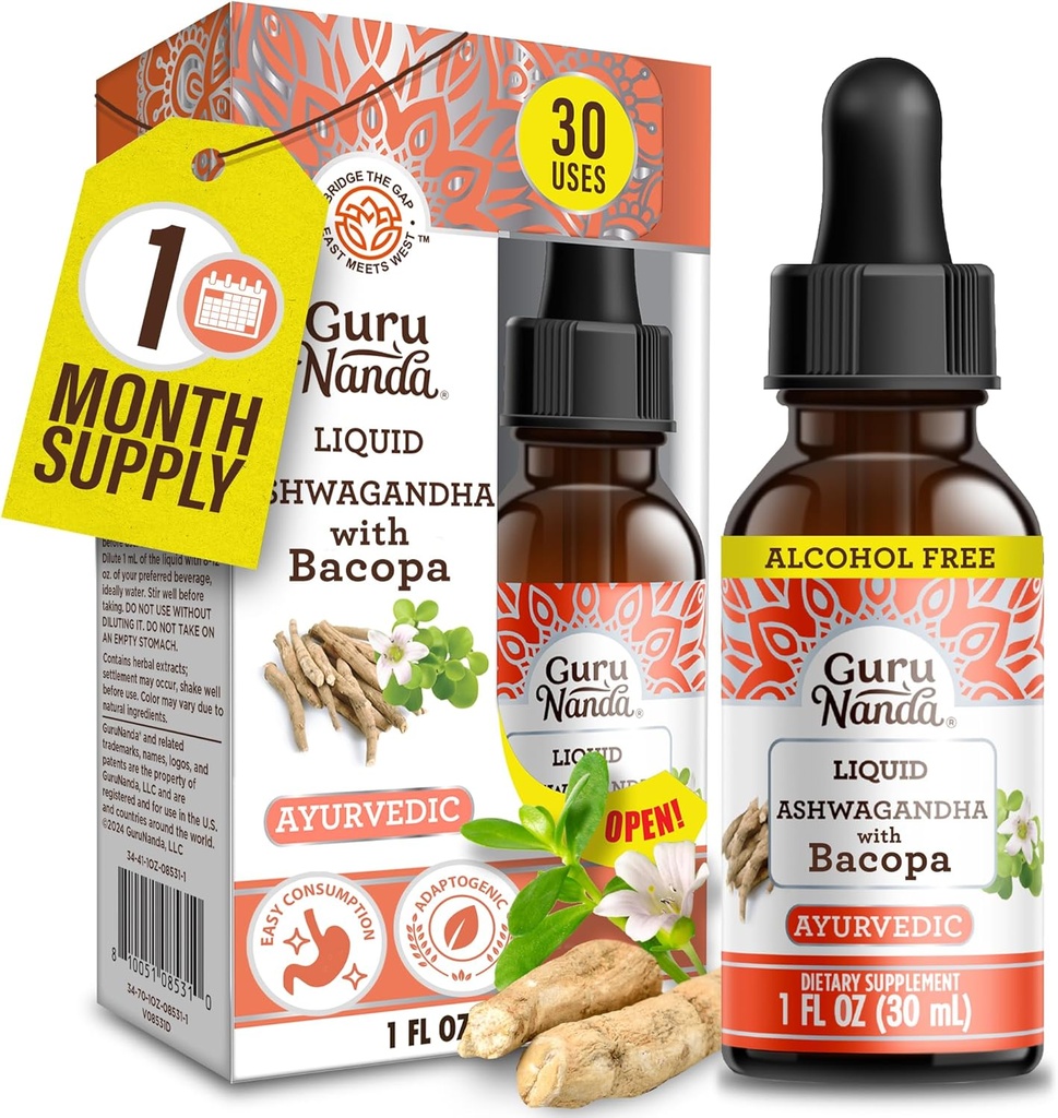 GuruNanda Liquid Ashwagandha met Bacopa (1 Fl Oz) - Natural Dietary Supplement- Liquid Extract Drops - for Men & Women- Vegan & Alcohol-Free - Aids in Immune, Focus & Relaxation Support