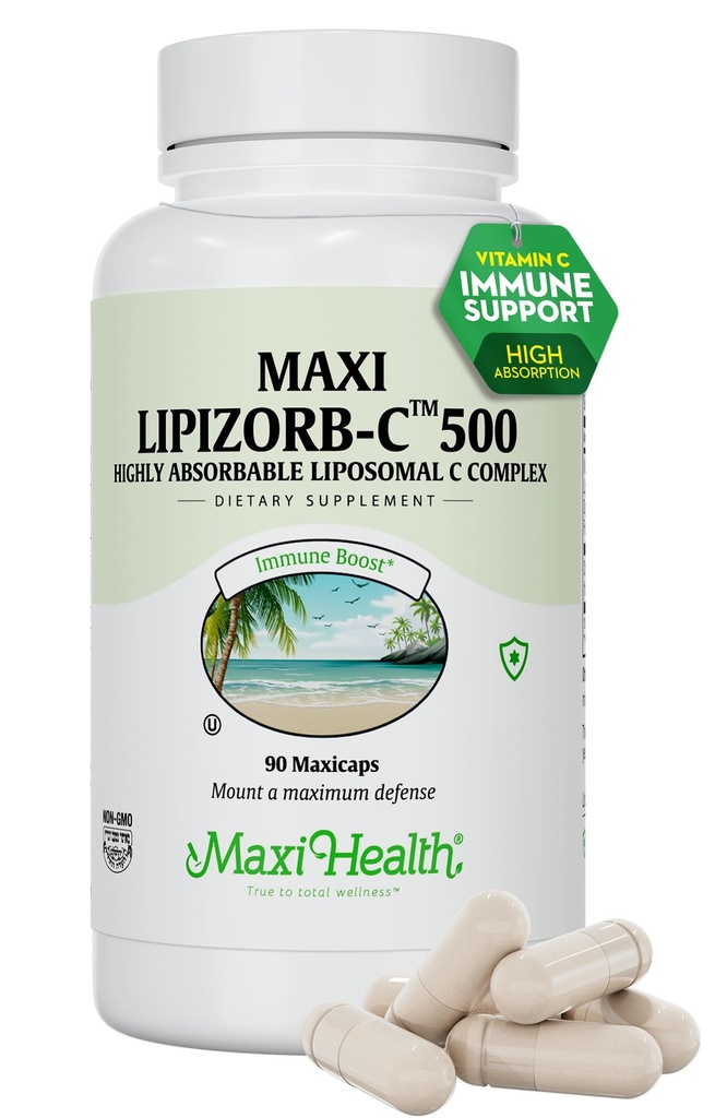 Maxi Health Liposomale Vitamine C 500mg Capsules met Digestief Blend, Zeer Absorbeerbare Hoge Dosis VitamineC, Niet GGO Kosher Vegetarische Arts-Formulated Immune Support Supplement (90 Tel.)