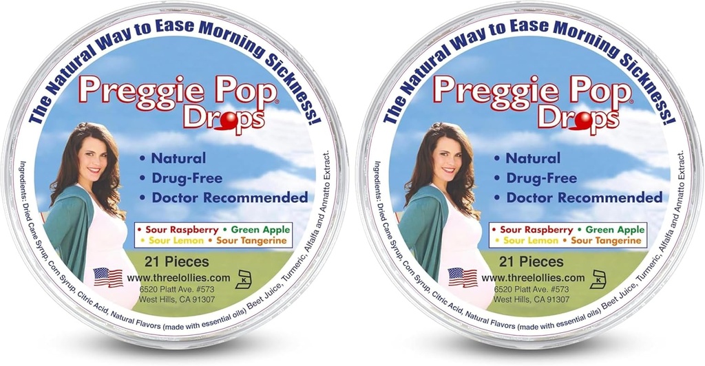 Drie Lollies Preggie Pop Drops - 21 druppels - ochtend ziekte verlichting tijdens de zwangerschap - veilig voor zwangere moeder & Baby - Glutenvrij - vier smaken: citroen, framboos, groene appel, Tangerine (pakket van 2)