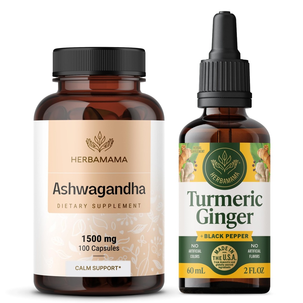 HERBAMAMA Ashwagandha and Turmeric Ginger Kit - bundel van 1500 mg Ashwagandha Root Capsules & Turmeric Ginger Tinctuur 2 fl oz - Vegan, Non-GMO, Sugar & Alcohol-Free - 2 Pack
