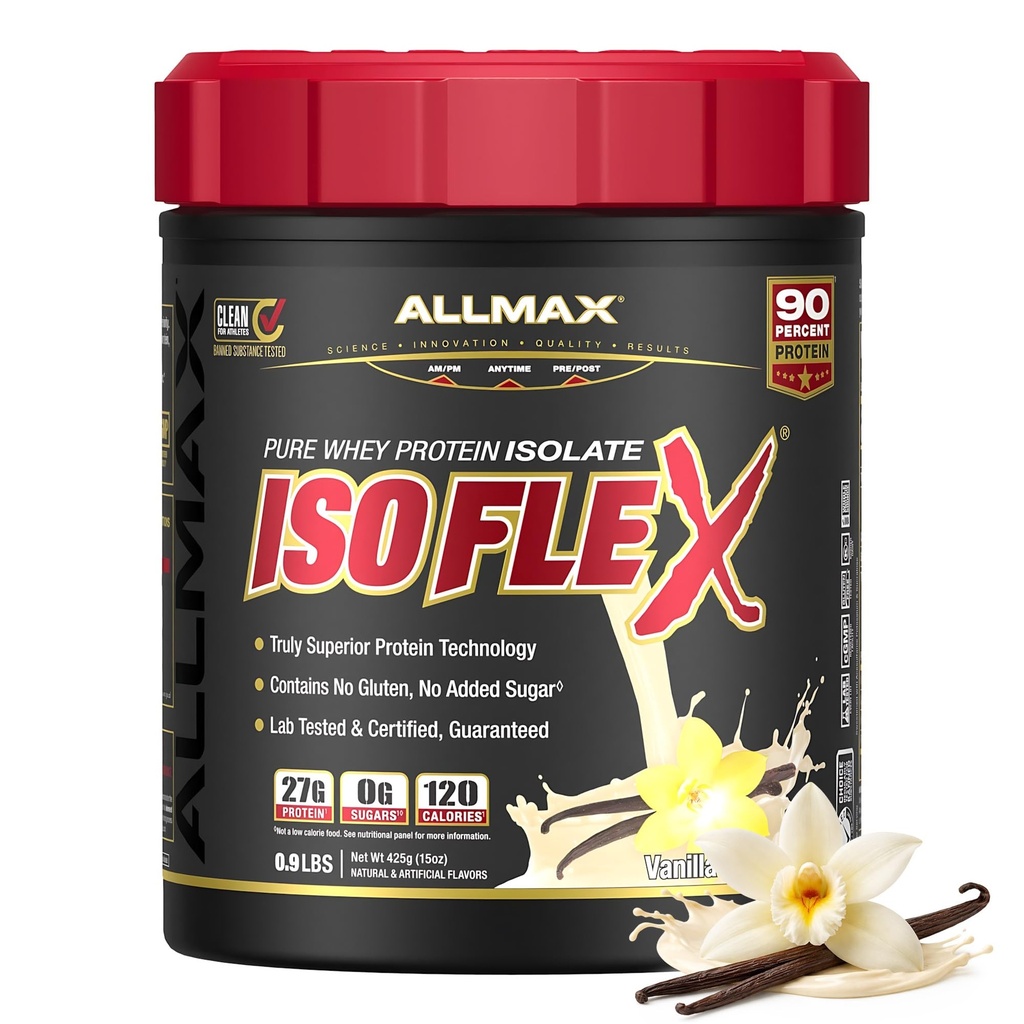 ALLMAX ISOFLEX Isolate de protéines de lactosérum, Vanille - 1 lb - 27 grammes de protéines par scoop - Zéro gras et sucre - 99% Sans lactose - Sans gluten et sans soja - Env. 15 Services