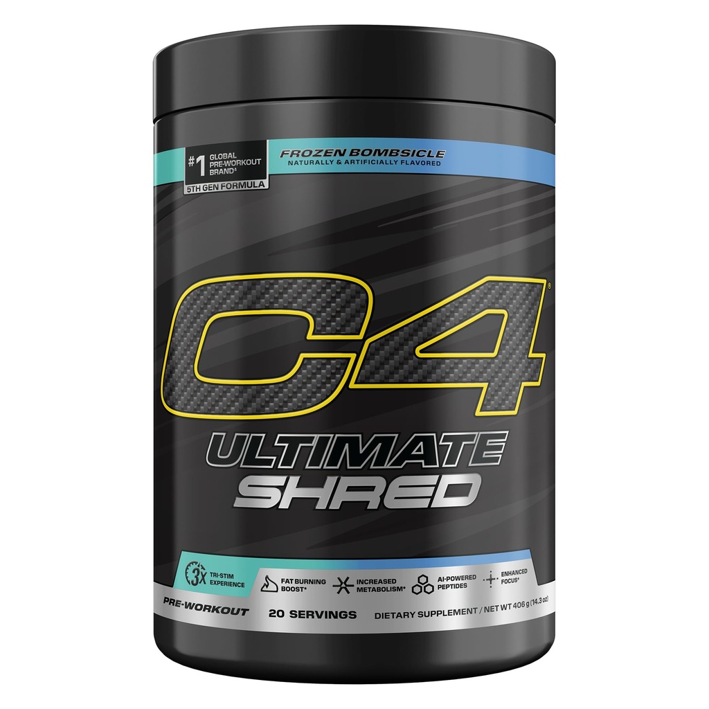 Cellucor C4 Ultimate Shred Pre Workout Powder, Metabolisme supplement met Cayenne Extract+300mg Cafeïne+TeaCrine+Dynamine - bevroren Bombsicle, 20 porties