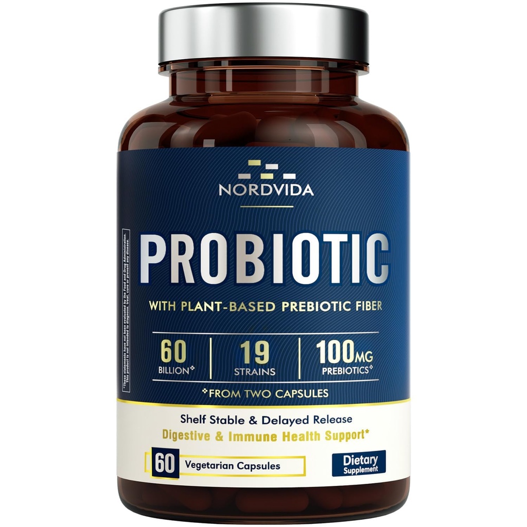 Probiotique 60 milliards 19 souches avec prébiotique biologique pour les hommes et les femmes, santé digestive et immunitaire, plateau stable libération retardée, non-OGM Pas de laiterie, 60 bouchons végétaliens