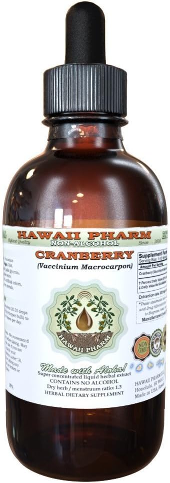 Extrait liquide sans alcool de canneberge, canneberge (Vaccinium Macrocarpon) Berry séché Glycérite Hawaii Pharm supplément naturel à base de plantes 2 oz