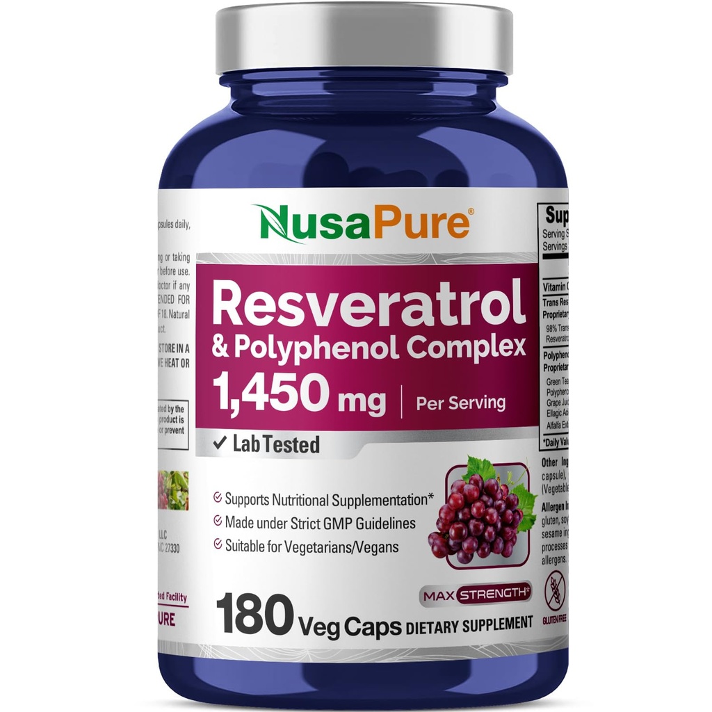 NusaPure Resveratrol & Polyfenol Complex 1450mg 180 Vegetarische caps (Non-GMO, Vegan) Vitamine C