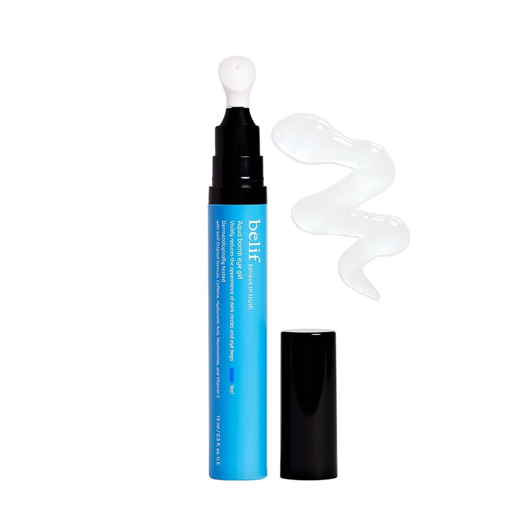 belif Aqua Bomb Cooling Eye Gel - Caffeine & Hyaluronic Acid for Puffiness & Hydration, Niacinamide & Vitamin C for Dark Circles, Adenosine & Collagen for Plumping & Firming, Korean Skin Care