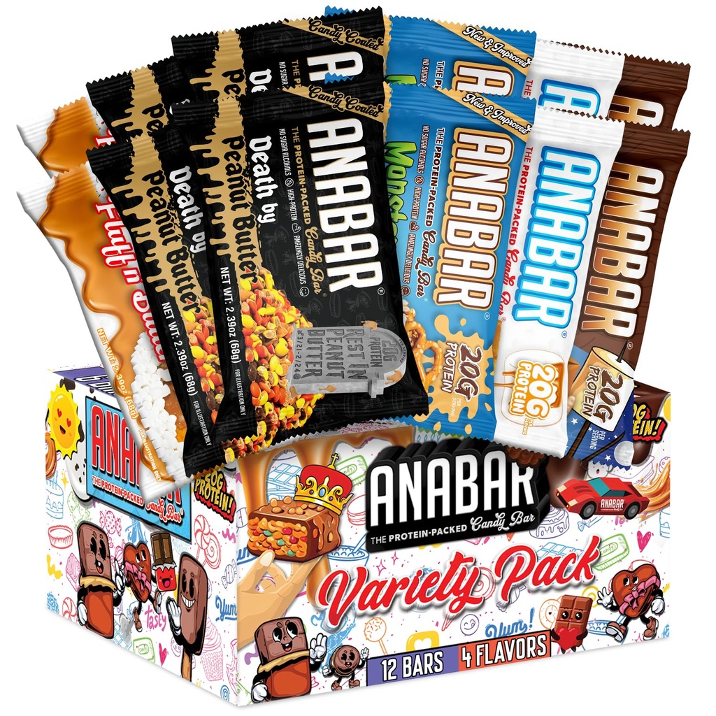 Anabar Protein Bar, The Protein-Packed Candy Bar, 's werelds beste proeverij Proteïne Bar, Geen Suiker Alcoholen, Hoog Proteïne, Verbazingwekkend Heerlijk, 20 Gram Proteïne (12 Bars, Variety Pack)