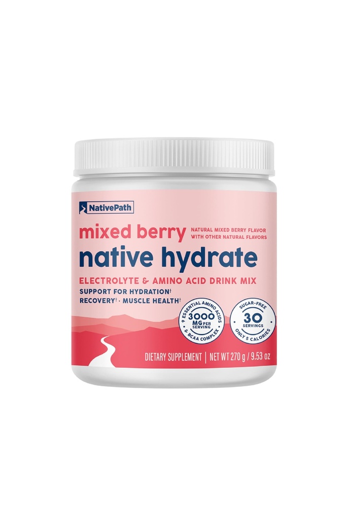 NativePath Hydrate, Zero Sugar, Electrolytes Powder with BCAAs, Mixed Berry Hydration, Keto & Paleo Friendly, 30 Servers