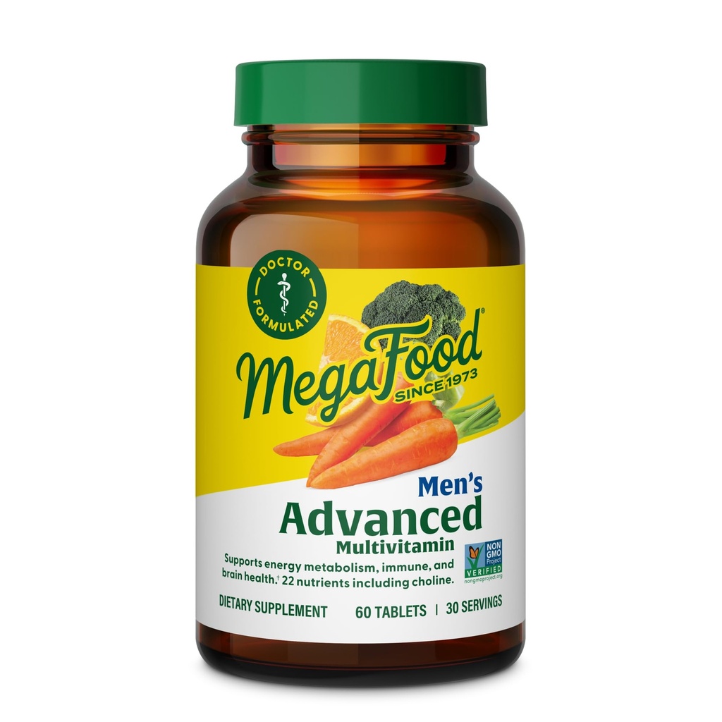 Multivitamine avancée pour hommes MegaFood - Formulée - Choline, Vitamine B12, Vitamine D, Vitamine C & Zinc - Santé cérébrale et immunitaire - Non-OGM - Végétarien - 60 onglets (30 portions)
