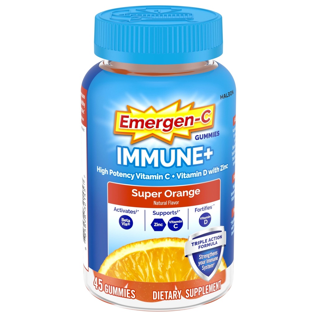 Emergen-C Immune+ Triple Action Immune Support Gummies, BetaVia (R), 1000mg Vitamine C, B Vitaminen, Vitamine D en Antioxidanten, Super Orange - 45 Tellen