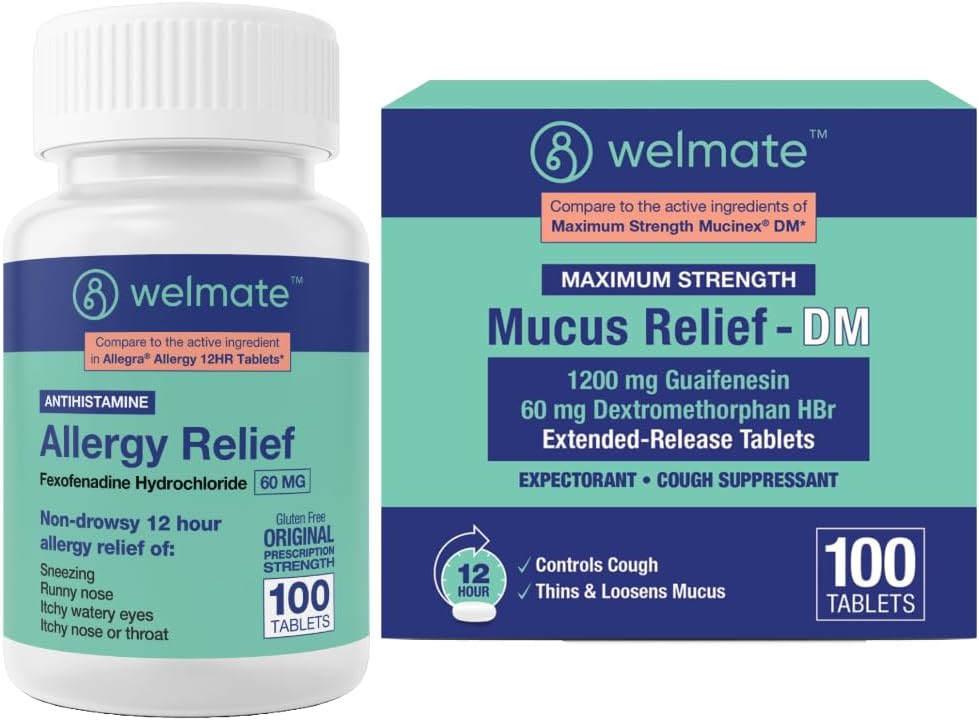WELMATE Ensemble total de soins respiratoires : soulagement de l'allergie Fexofenadine HCl 60mg (100Ct) Antihistaminique non somnolent de 12 heures + soulagement maximal du mucus DM 1200mg Guaifenesine et 60mg DXM (100Ct)