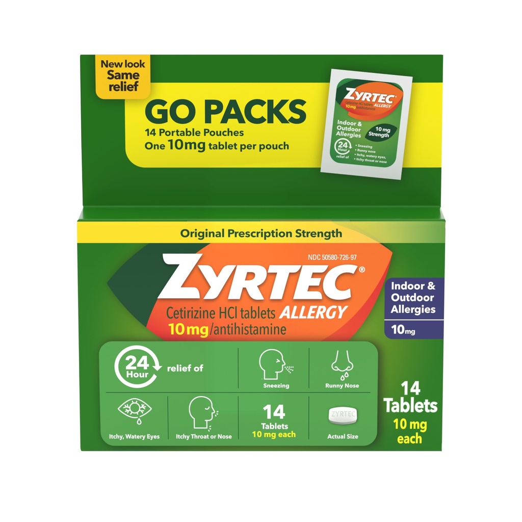 Zyrtec 24-uurs Allergie Relief Tablets, Antihistamin Indoor & Outdoor Anti Allergie Medicine + Cetirizine HCl, Relief from Runny Nose, Sneezing, & Itchy Eyes, Single Packs, 14 x 1 ct Packets