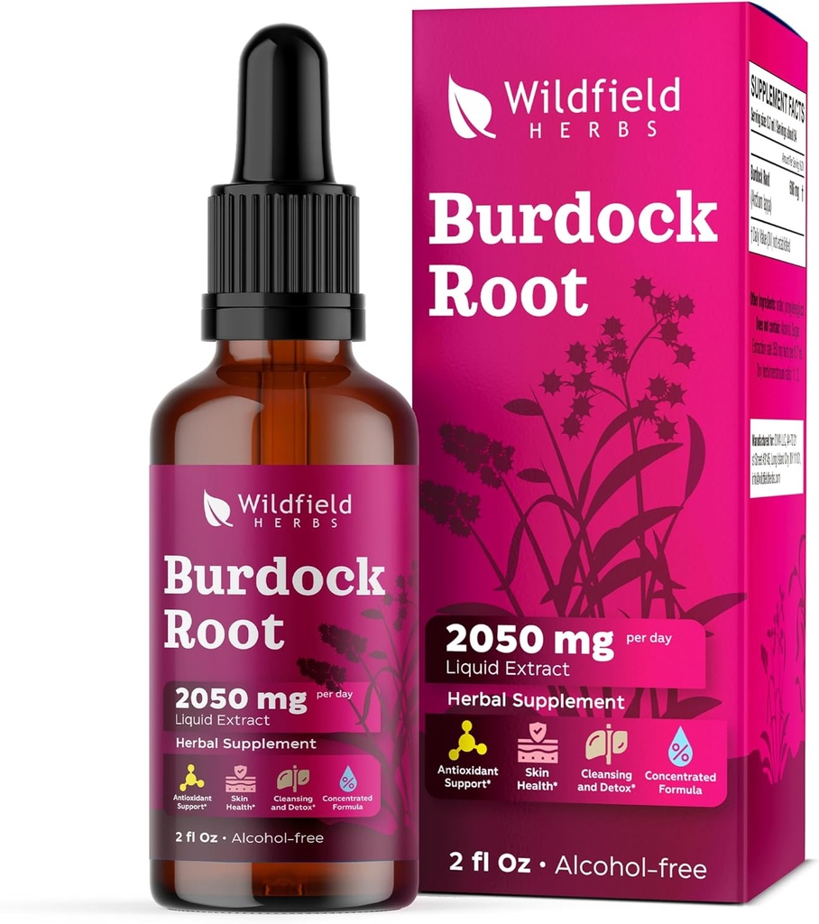 Burdock Root Tinctuur Extract Drops 2000mg (Arctium lappa L.) Kruidensupplement Absorbeert beter dan capsules, 1 maand Supply, 84 Servers, Alcoholvrije Tinctuur - 2 Oz, Verpakking van 1