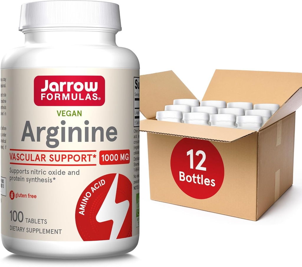 Jarrow Formules Arginine 1000 mg, Dieetsupplement, Ondersteunt Nitrik Oxide Productie, Ondersteunt eiwitsynthese, 100 tabletten, Tot 100 dagen Supply(Pack van 12)