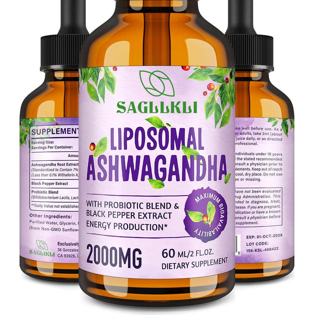 Liposomale Ashwagandha Liquid Drops 2000mg, Ashwagandha Root Extract Supplement (7% Withanolides) met Black Pepper Extract & Probiotica for Focus, Cognition & Energy - 2 FL.OZ (1 fles)