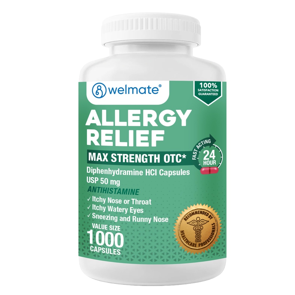 WELMATE Allergie Relief - Difenhydramine 50 mg - 1000 Graafcapsules - Antihistamine - Allergie en koude symptomen - niezen, Runny Nose, Itchy Eyes & Throat
