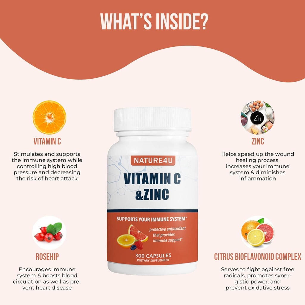 Vitamine C 1000 mg met zink, Rose HIPS en Citrus Bioflavonoïden, Immune Support Supplement Antioxidanten Bescherming, 300 Capsules