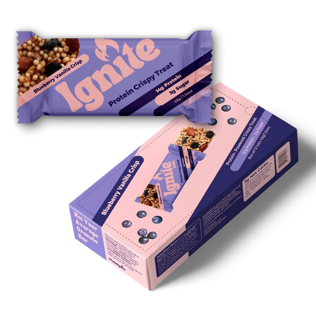 Barres d'ignition Crispy Keto Rice Treat - haute protéine, faible sucre et faible carbure Snack - sans culpabilité aliments et barres amies des fibres pour les adultes en santé (Amande de vanille de myrtilles)
