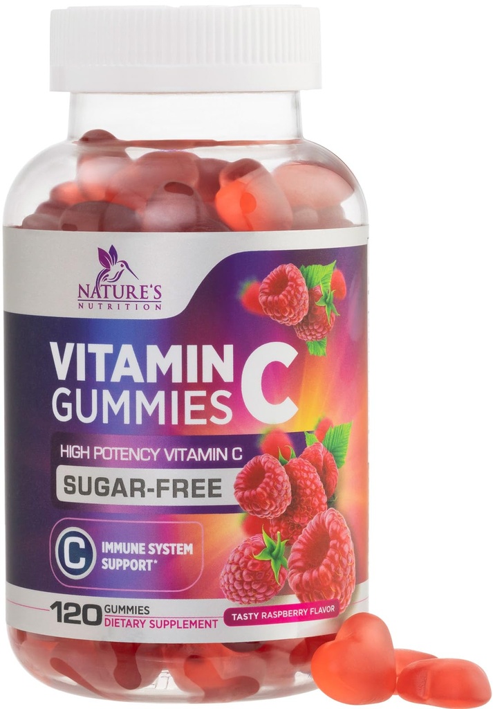 Zero Sugar Vitamin C Gummies - Immune Support & Antioxidant VitaminC Dieetsupplement - Veganistisch, niet-GMO, zuivel en glutenvrije C Vitamine Gummy - Raspberry Flavor voor kinderen en volwassenen - 120 Graaf Gummies