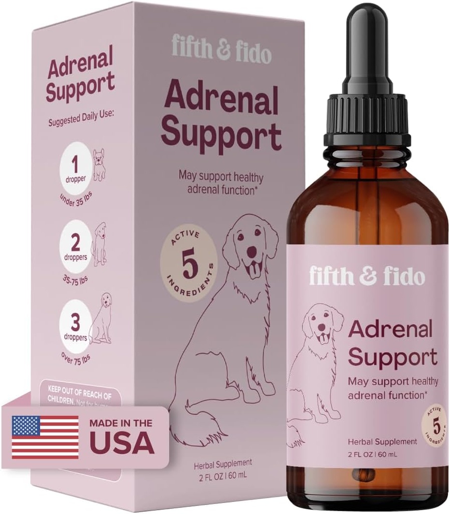 Cinquième & Fido Soutien des gouttes liquides pour chiens - supplément à base de plantes avec 5 ingrédients actifs - peut aider à promouvoir une fonction adrénale saine - 4 fl oz